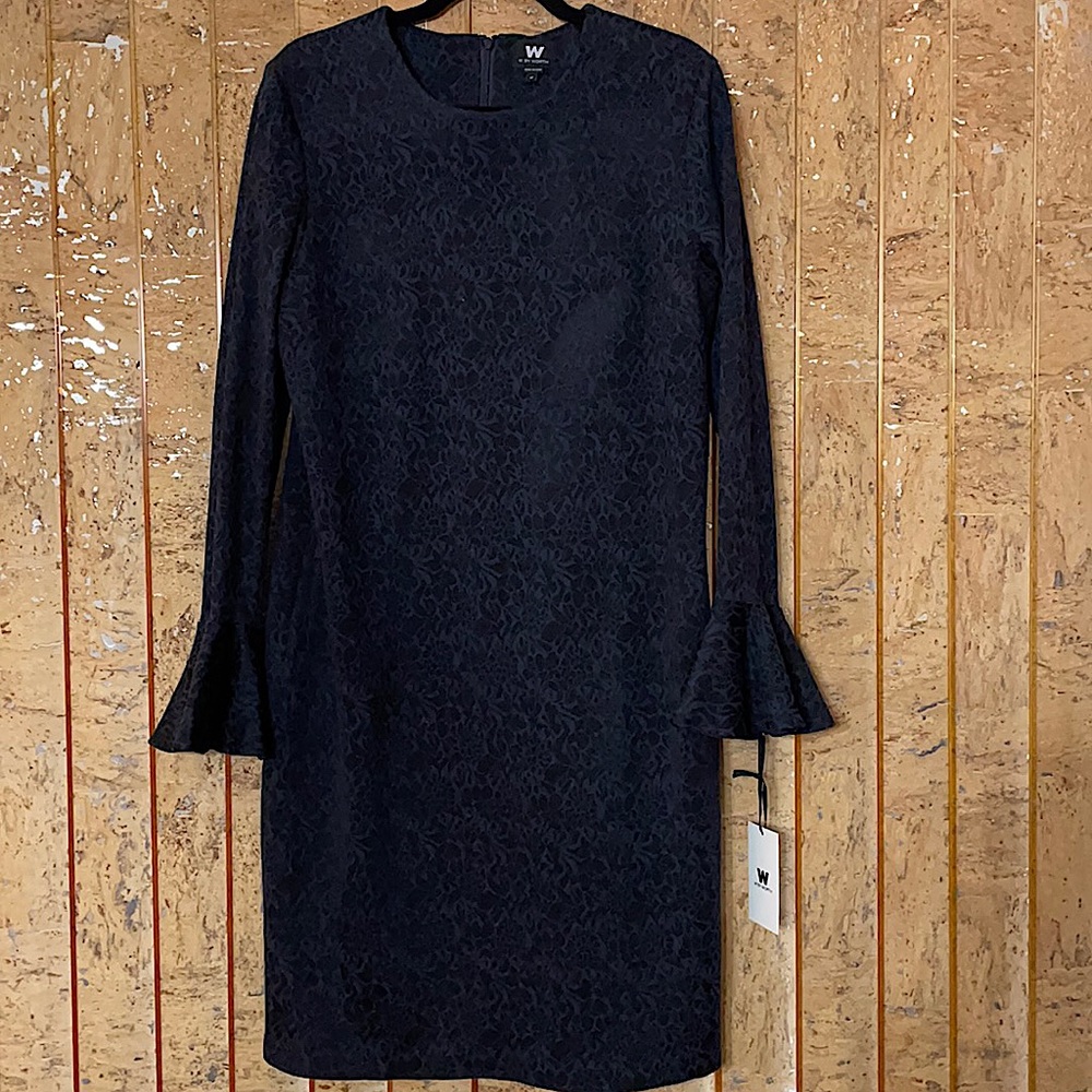 NWT. W by Worth Dress. Long sleeve w/ ruffled cuff. Black & navy floral pattern.